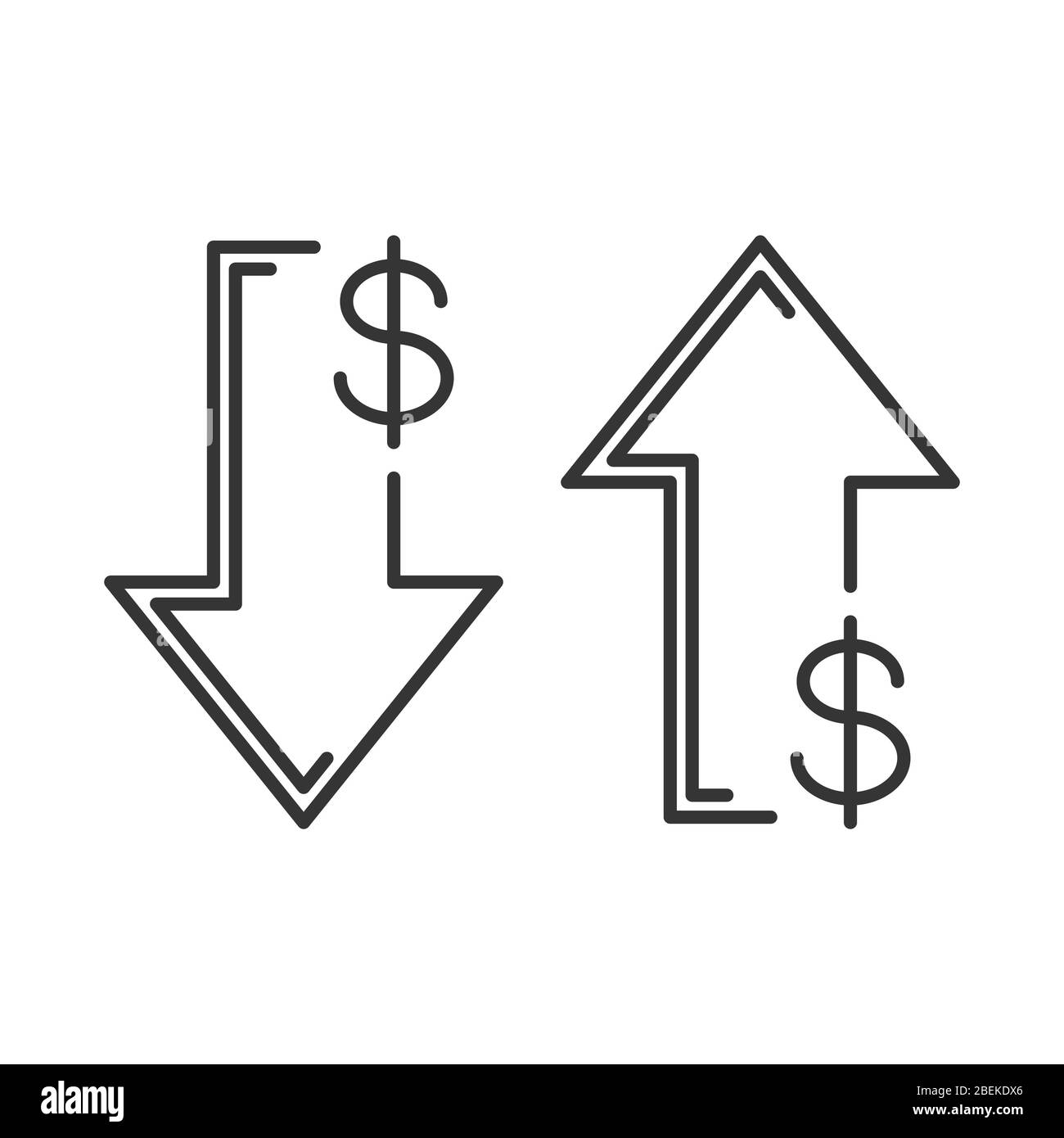 Icon of the increase and fall rate of the dollar. Set of dollar rate linear arrows. Vector illustration. Business icons isolated. Stock Vector