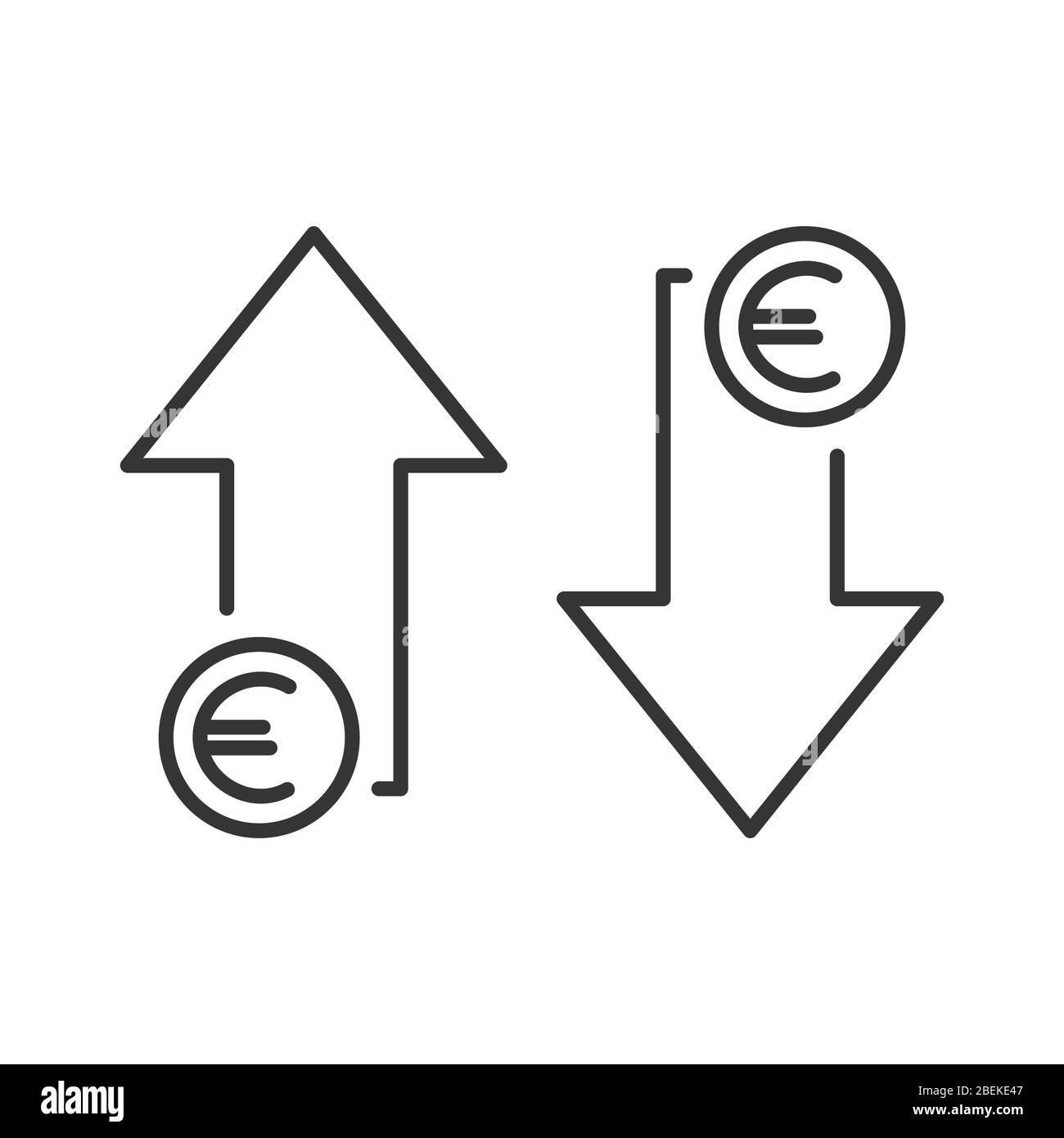 Icon of the increase and fall rate of the Euro. Set of Euro rate linear arrows. Vector illustration. Business icons isolated. Stock Vector
