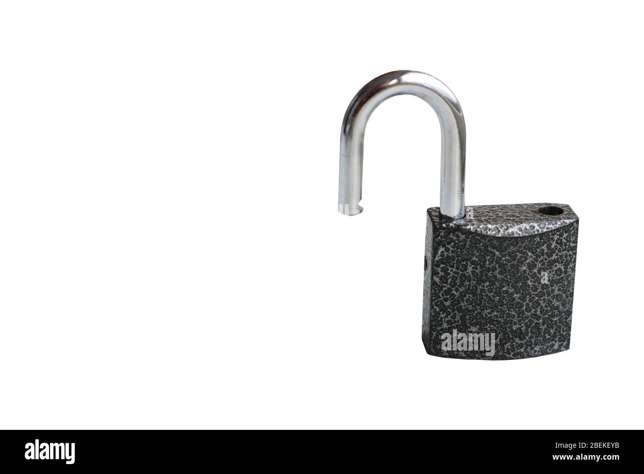 Open iron padlock. Burglar resistant. Isolated. Close-up. Stock Photo