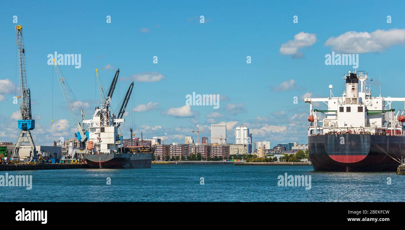 Panoramic image of docking container ships in Rotterdam harbor Stock Photo