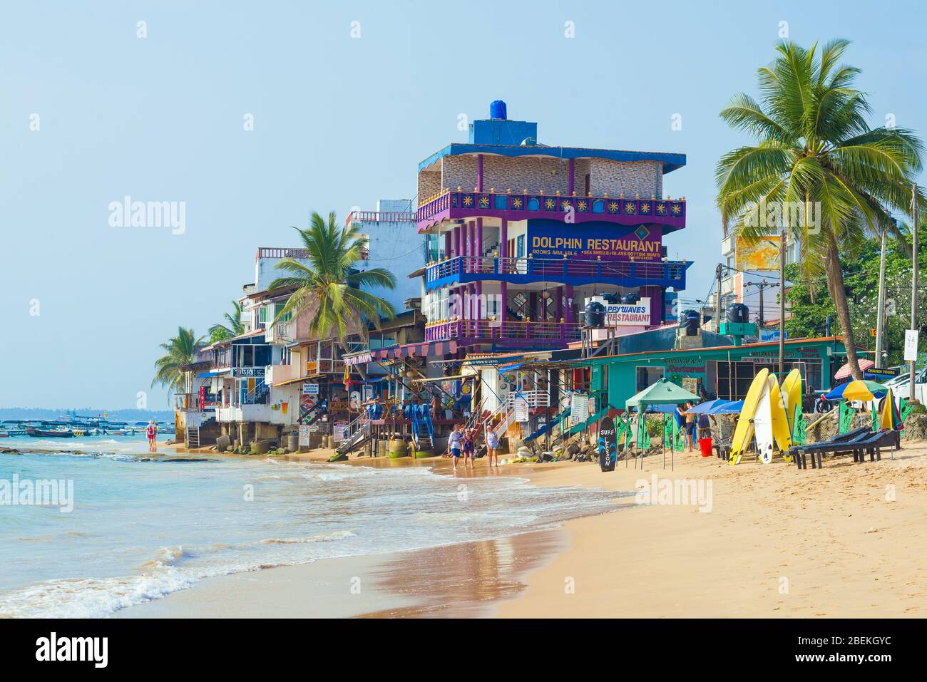 HIKKADUWA, SRI LANKA - FEBRUARY 19, 2020: View of the coastal restaurant 'Dolphin' on a sunny day Stock Photo