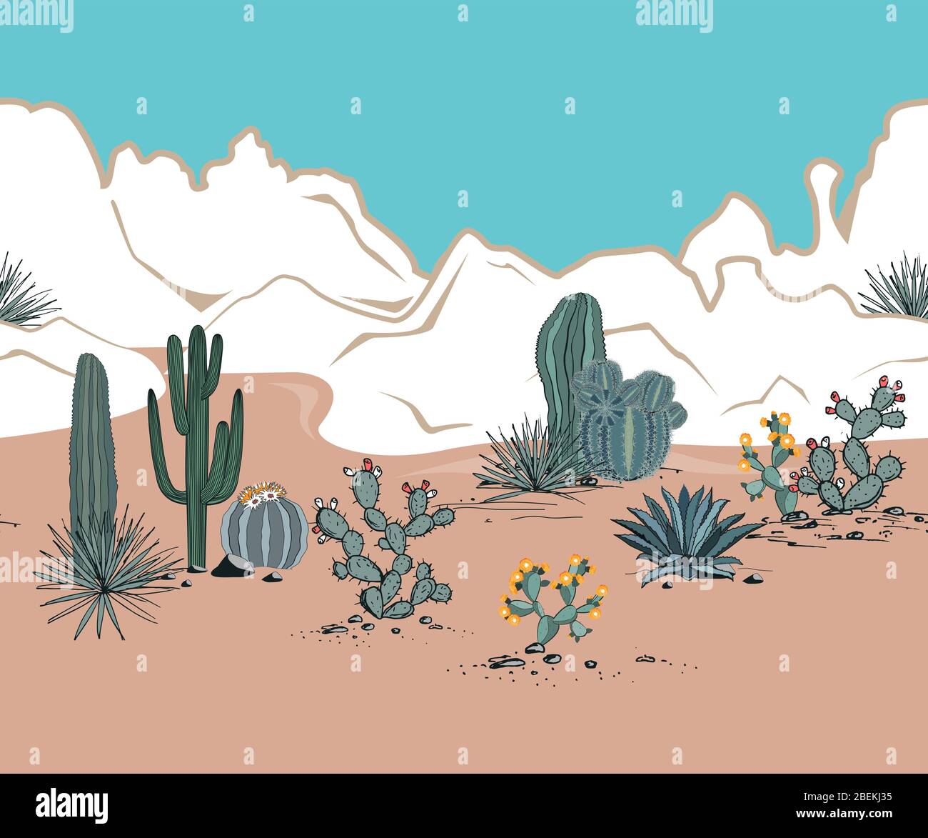 Seamless pattern with mountains, blooming cacti, opuntia, blue agave, and saguaro. Desert landscape. Vector background Stock Vector
