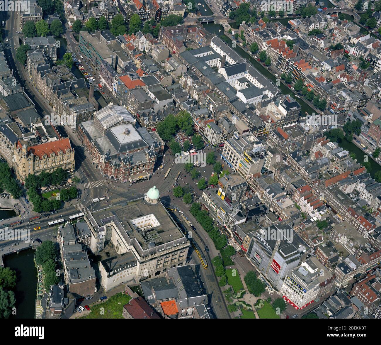 Amsterdam, Holland, August 24 - 1987: Historical aerial photo of the Leidse Plein, Restaurant Americain, Heineken Corner and Internationaal Theater Am Stock Photo