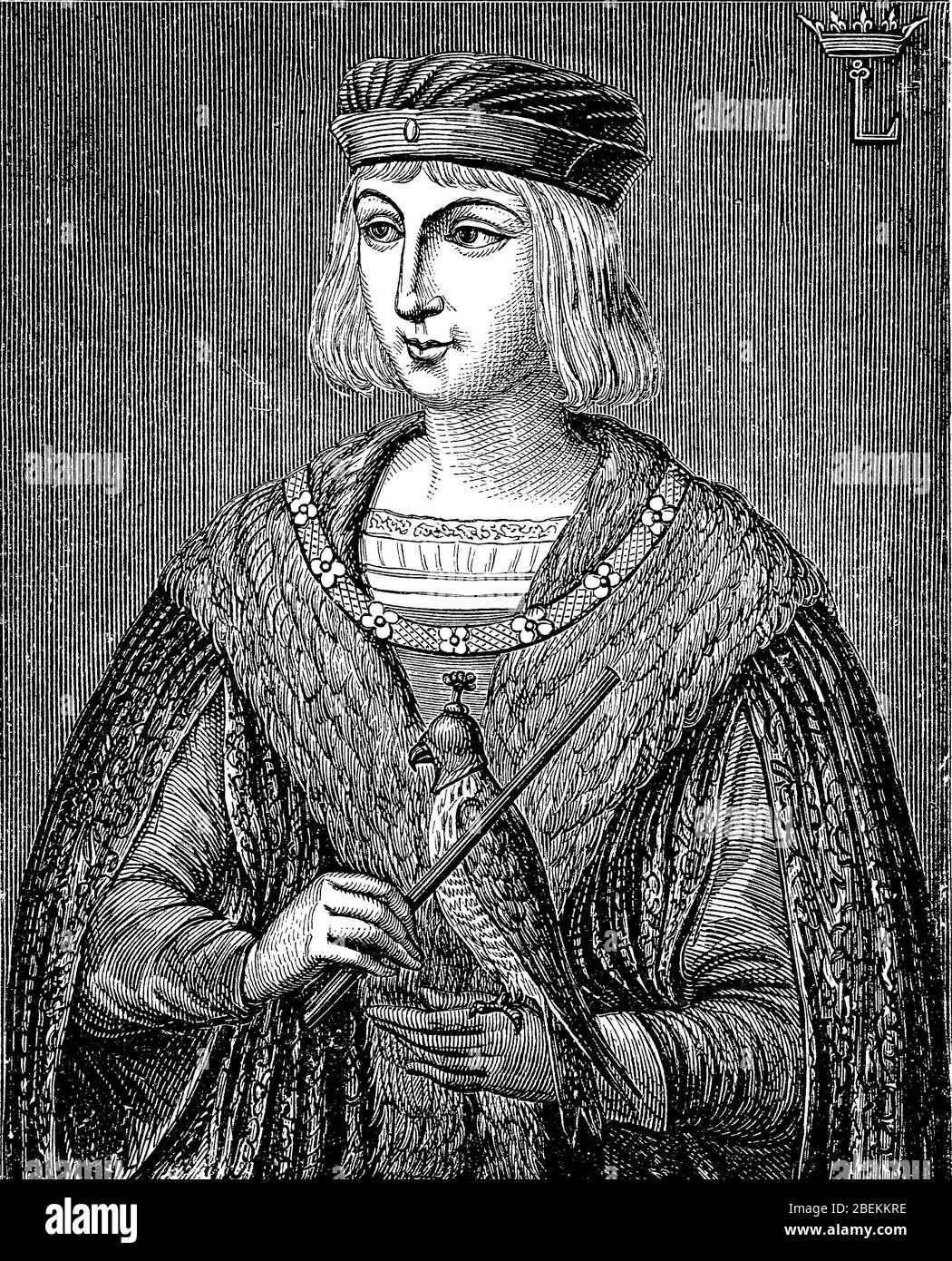 Louis IX of France, 25 April 1214 - 25 August 1270, was King of France from 1226 to 1270 from the Capetonian dynasty. Alternatively, he is called Louis the Saint or in France Saint-Louis, here in his youth  /  Ludwig IX. von Frankreich, 25. April 1214 - 25. August 1270, war von 1226 bis 1270 König von Frankreich aus der Dynastie der Kapetinger. Alternativ wird er Ludwig der Heilige beziehungsweise in Frankreich Saint-Louis genannt, hier im jugendlichen Alter, Historisch, digital improved reproduction of an original from the 19th century / digitale Reproduktion einer Originalvorlage aus dem 19. Stock Photo