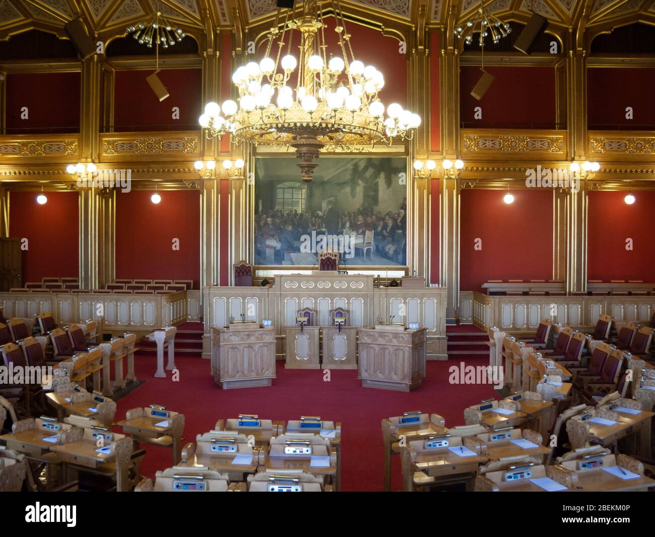 Oslo, Norway November 24, 2009: Interior of the Congress Stortinget with the seats of the representatives. Stock Photo
