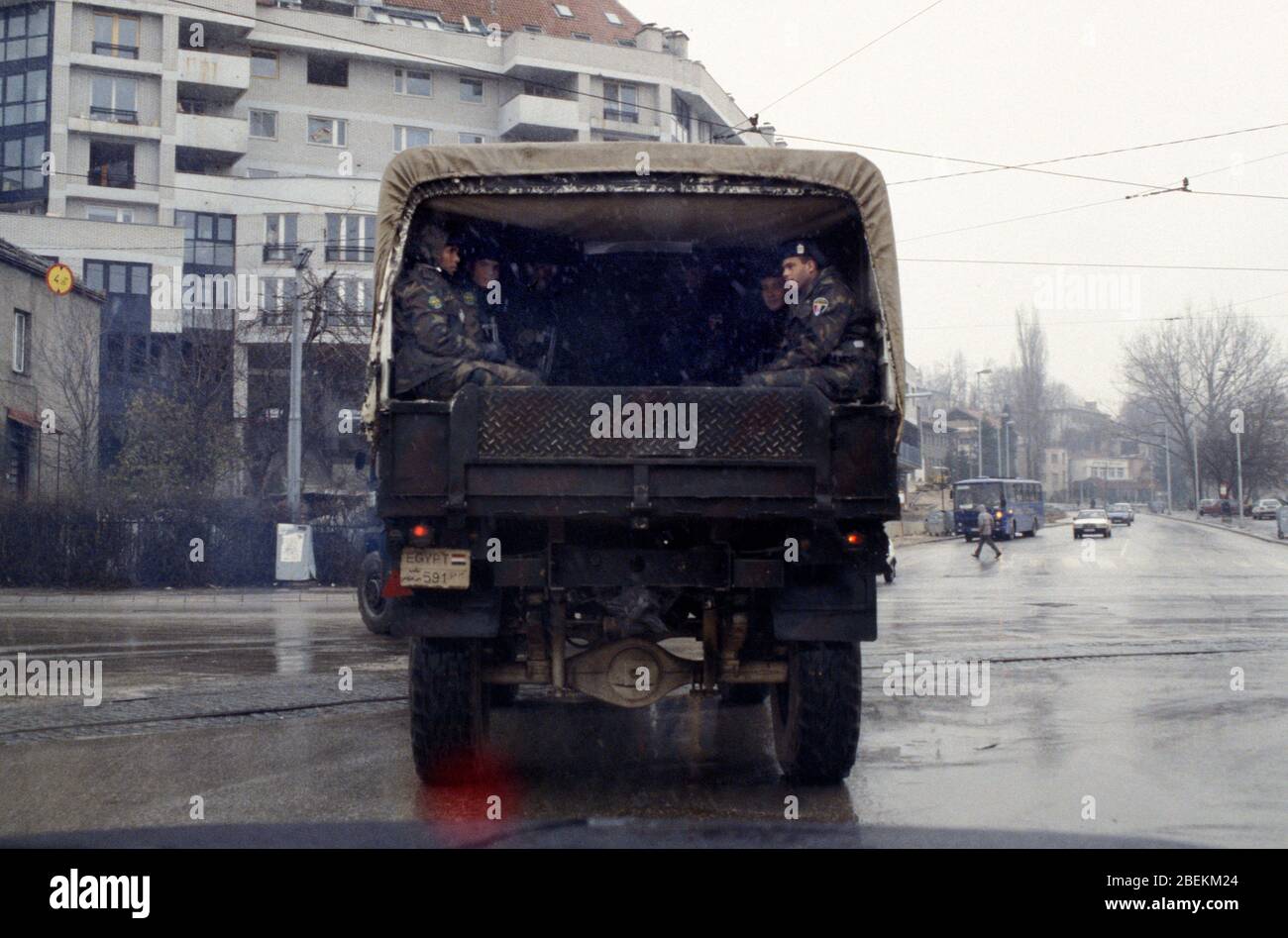 Sarajevo 1998 - SFOR NATO soliders patrolling sniper alley, Sarajevo, Bosnia Herzegovina Stock Photo