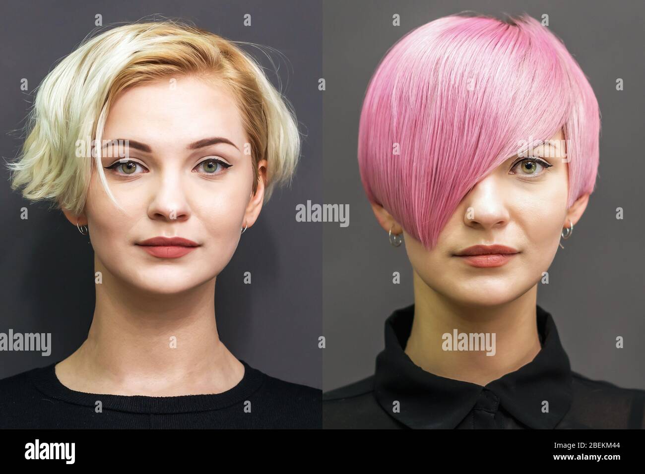 Woman before and after dyeing hair in pink color Stock Photo Alamy