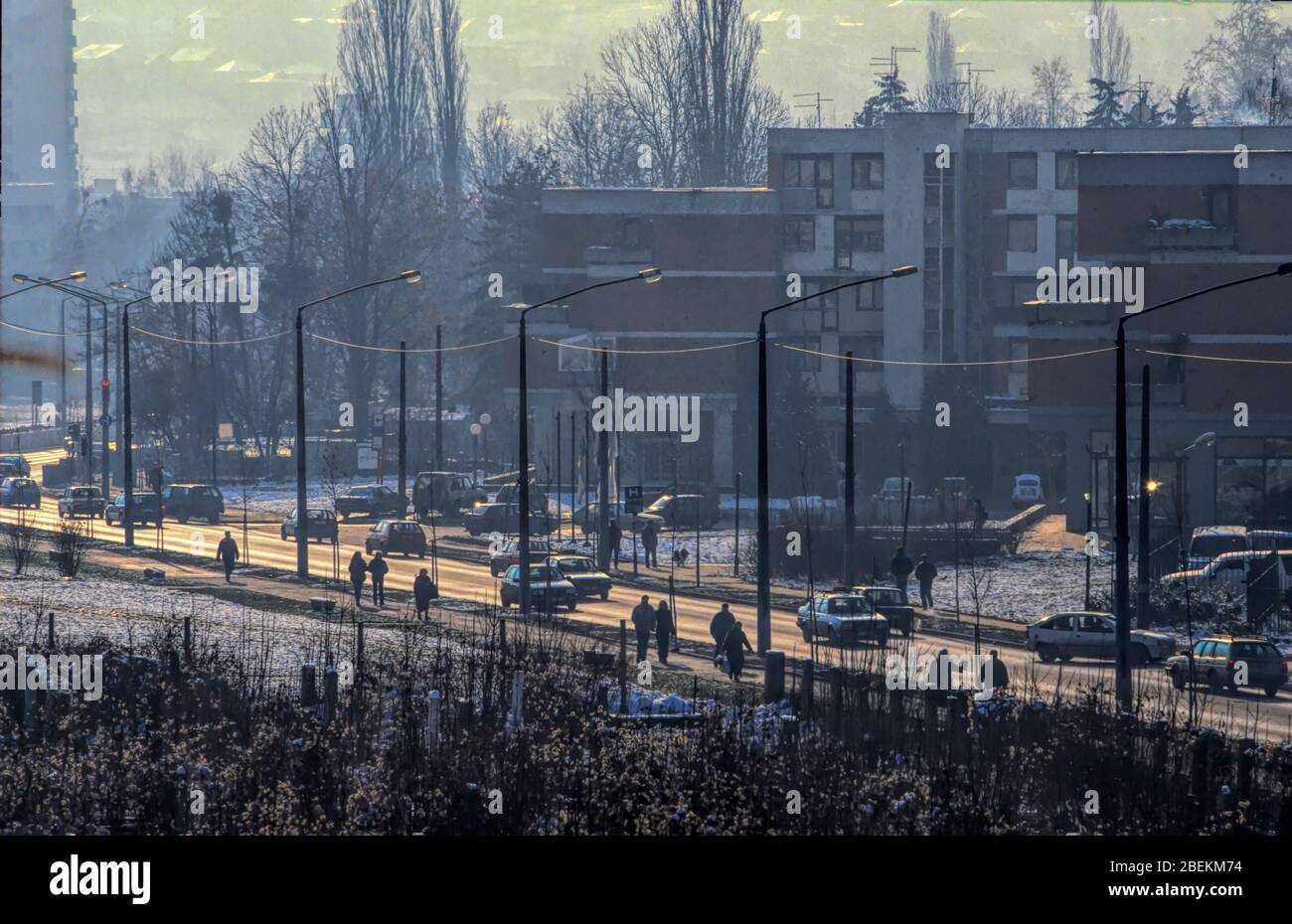 Sarajevo 1998 early morning traffic during winter in central Sarajevo