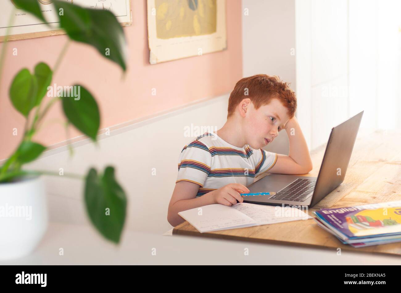 Pre-teen boy focusing on his school work at the computer during homeschooling due to the coronavirus lockdown Stock Photo