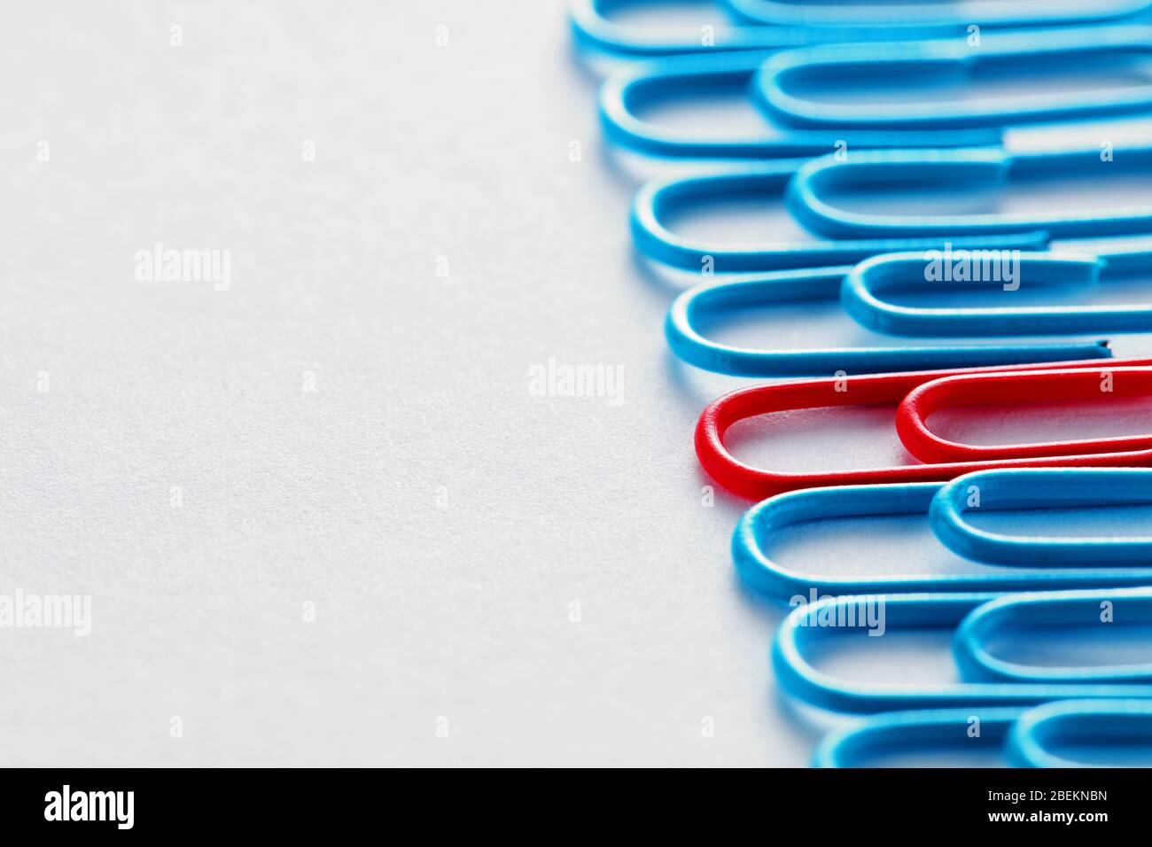 Red paper clip stands out from the crowd among blue paper clips. Stock Photo