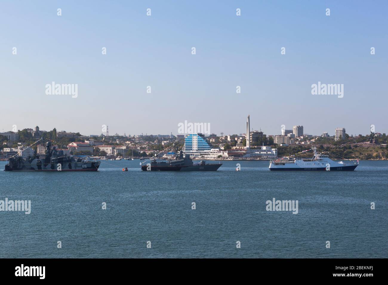 Sevastopol, Crimea, Russia - July 28, 2019: Story of warships in the parade in honor of Navy Day in Sevastopol Bay, Crimea Stock Photo