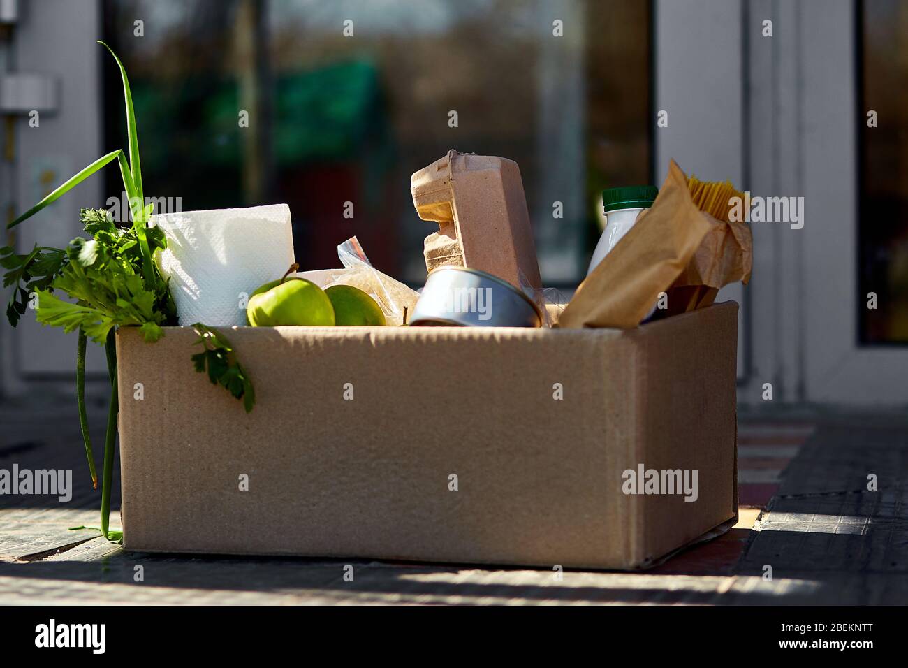 Delivery during the quarantine. Box with Merchandise, goods and food at