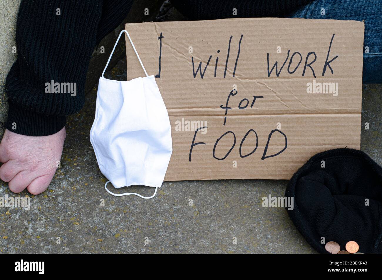 Unemployment concept and unemployed coronavirus sitting on the ground next to it a cardboard plate with the inscription i will work for food, a Stock Photo