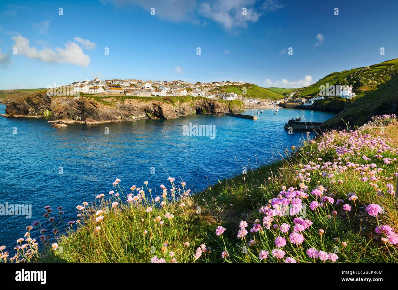 Springtime view looking back toward the picturesque village of Port Isaac, North Cornwall Stock Photo