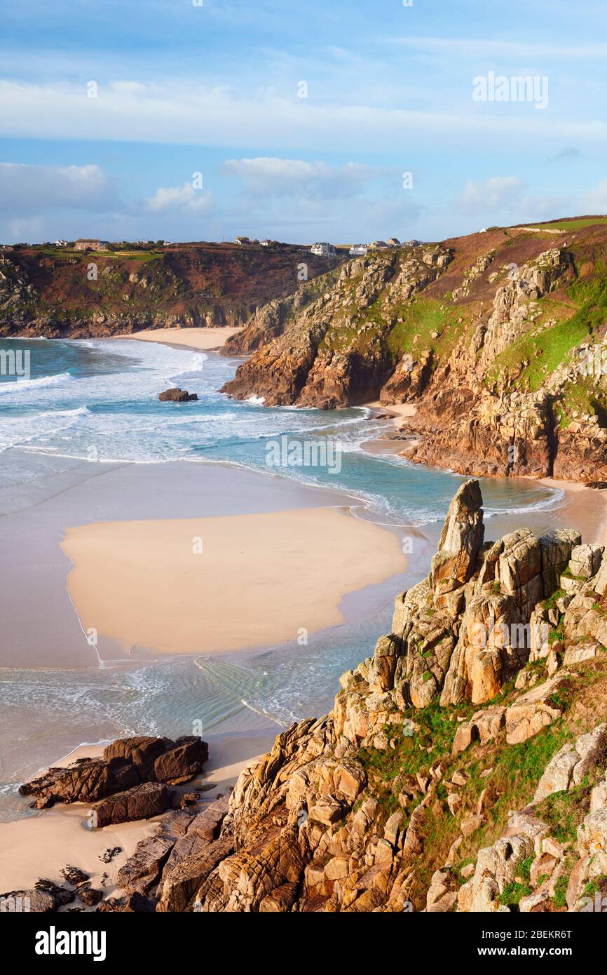 View overlooking Pedn Vounder and Porthcurno Stock Photo