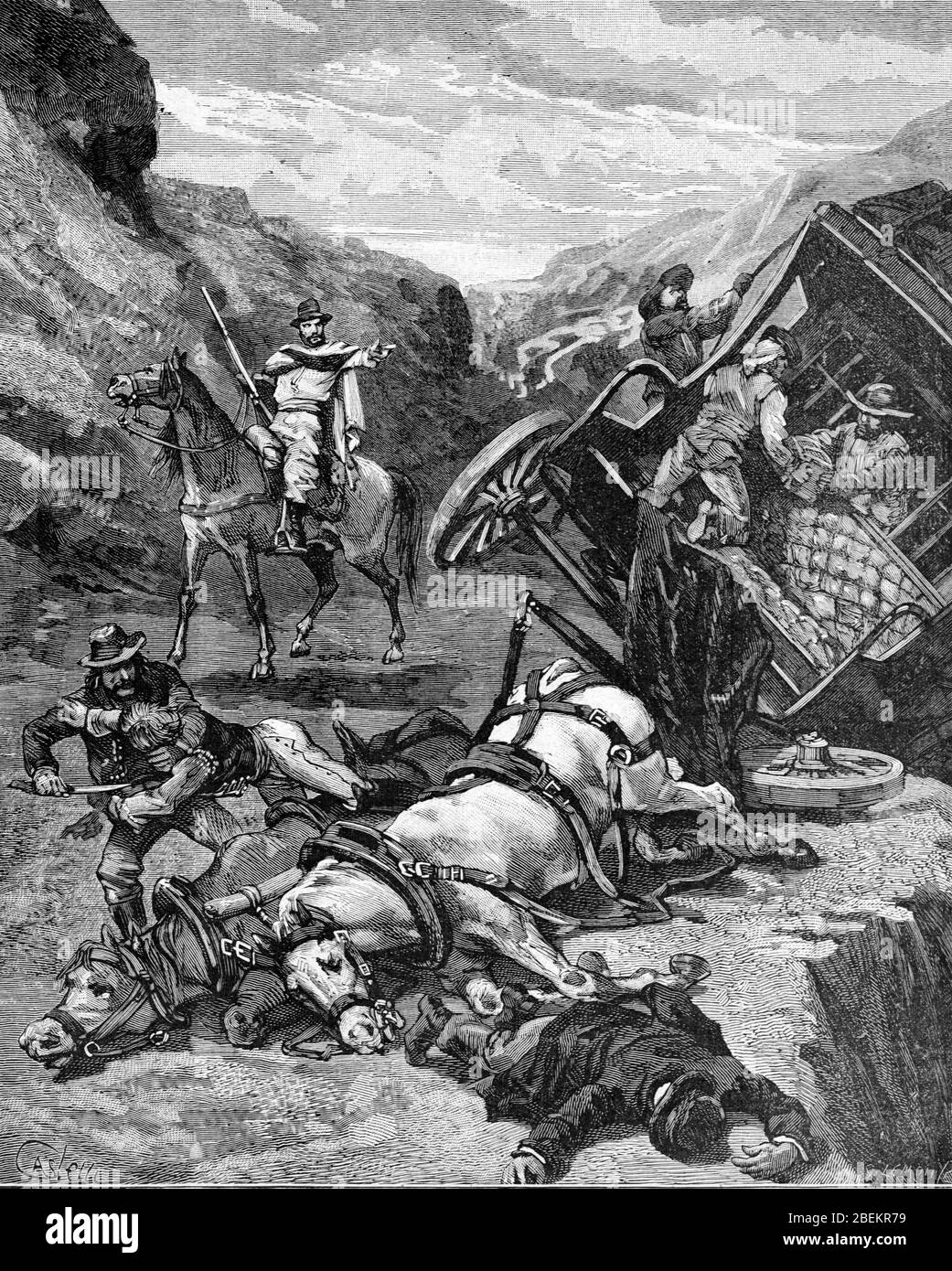 Salteadores, Highway Robbers or Highwaymen Attack a Stagecoach or Coach and Horses on the Rural Roads of South America in the late 19th century. Vintage or Old Illustration or Engraving 1887 Stock Photo