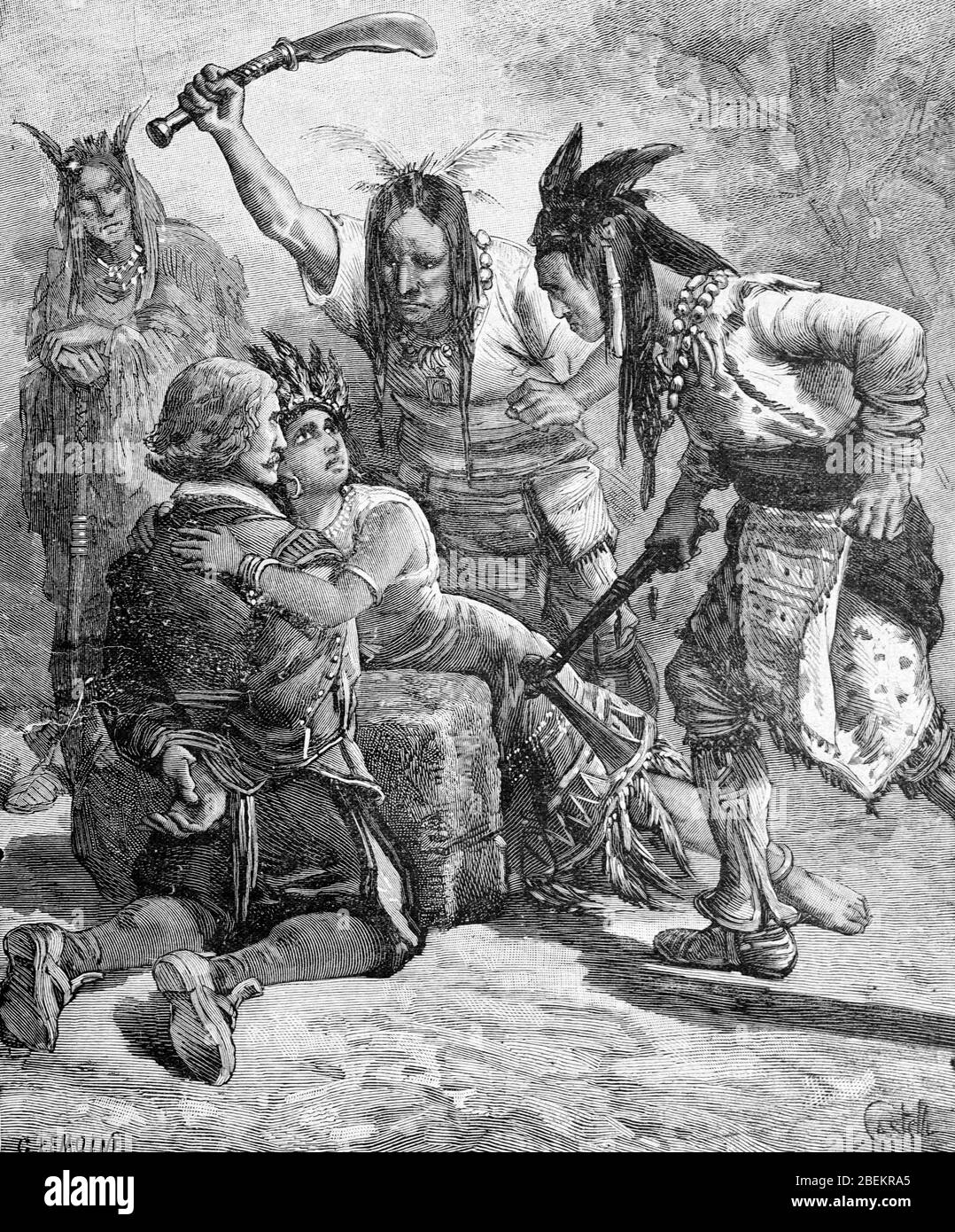 Indian Princess Protects White Captive Man from Wrath of Native Americans, Red Indians or Indigenous Tribal People in the United States or USA. Vintage or old Illustration or Engraving 1887. Stock Photo
