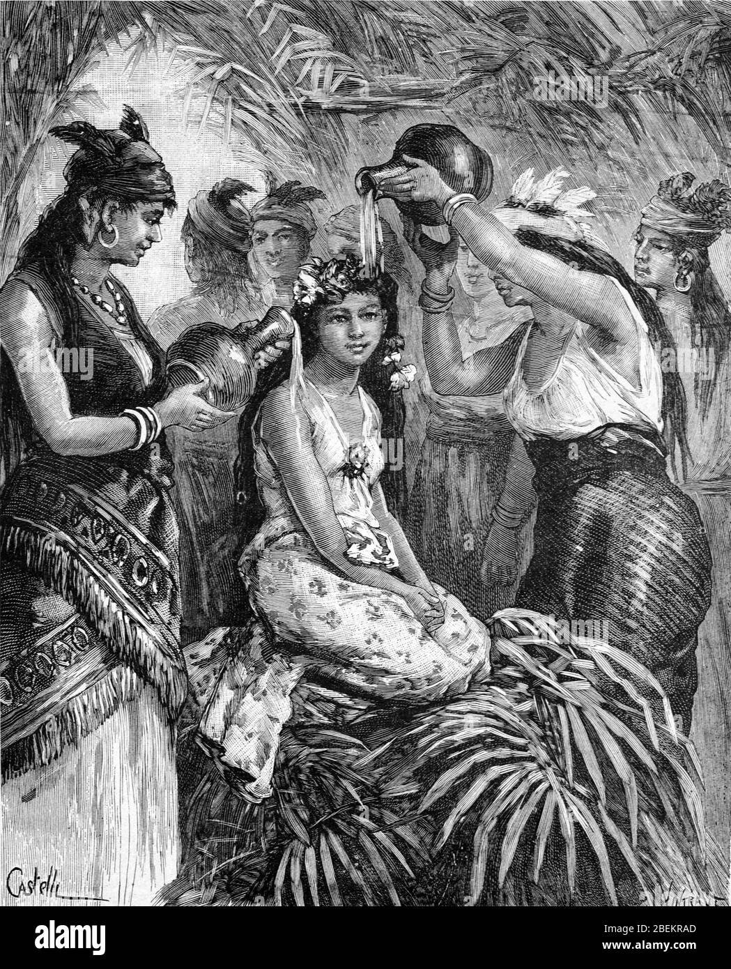 Young Native Bride being Prepared for Marriage, Wedding and Bridal Ceremony among Indians, Amerindians, Indigenous People or Native Americans of Panama Central America. Vintage or Old Illustration or Engraving 1887 Stock Photo