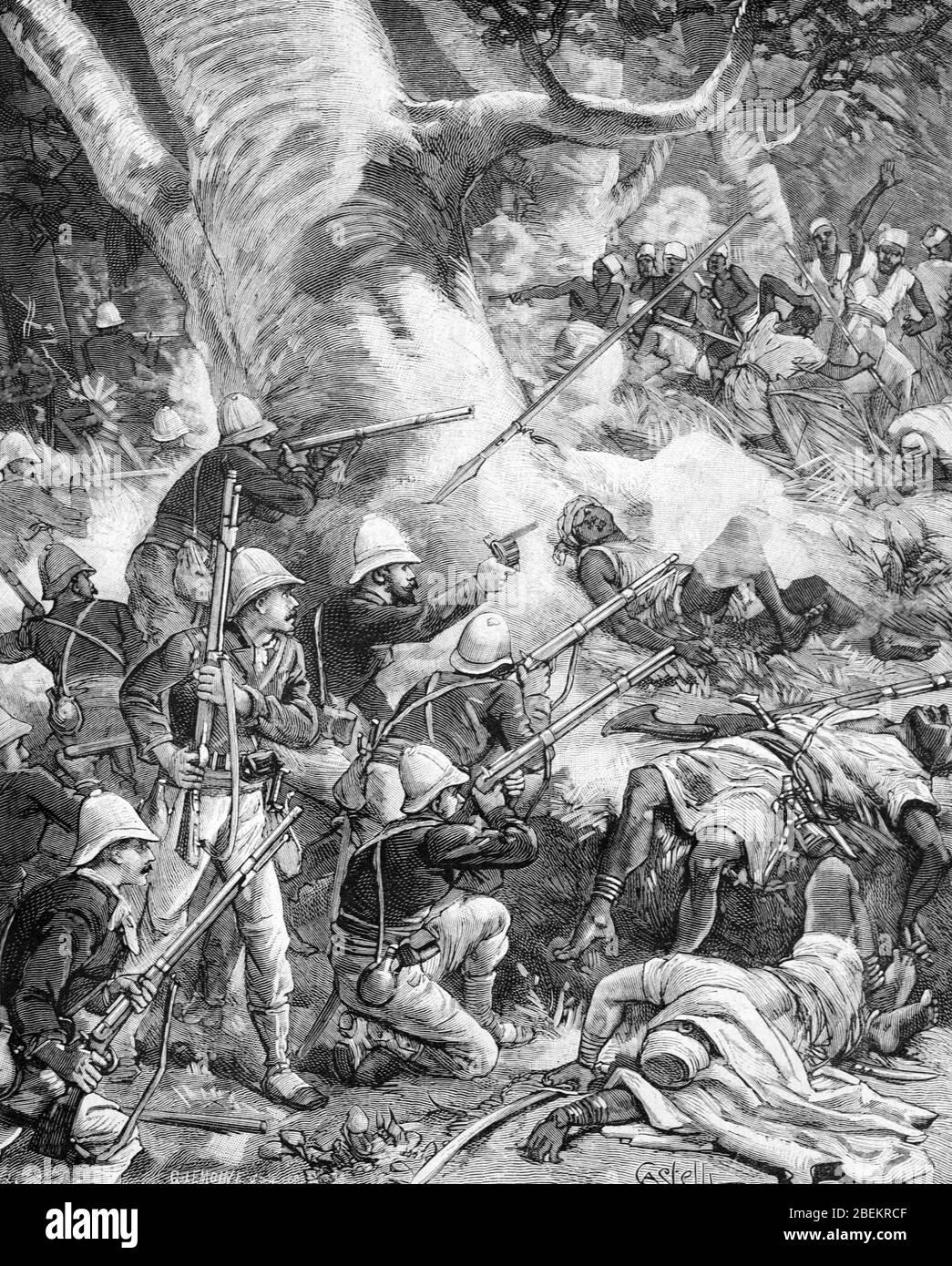 French General Joseph Gallieni (1849-1916) Leading French Troops into Battle during the French Colonial Wars in Senegal & Mali (then French Sudan) 1887. Vintage or Old Illustration or Engraving 1887 Stock Photo