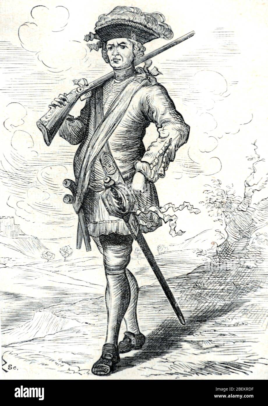 Full-Length Portrait of Sir Henry Morgan (c1635-1688), Holding Rifle & Wearing Sword, Welsh Privateer or Buccaneer, Plantation & Lietenant Governor of Jamaica. Vintage or Old Illustration or Engraving Stock Photo