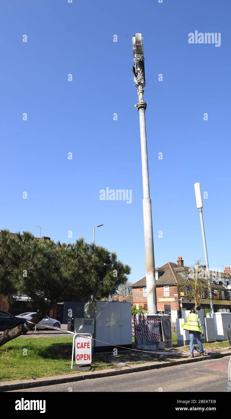 A telecoms mast on Becontree Avenue in Dagenham after a fire. Stock Photo