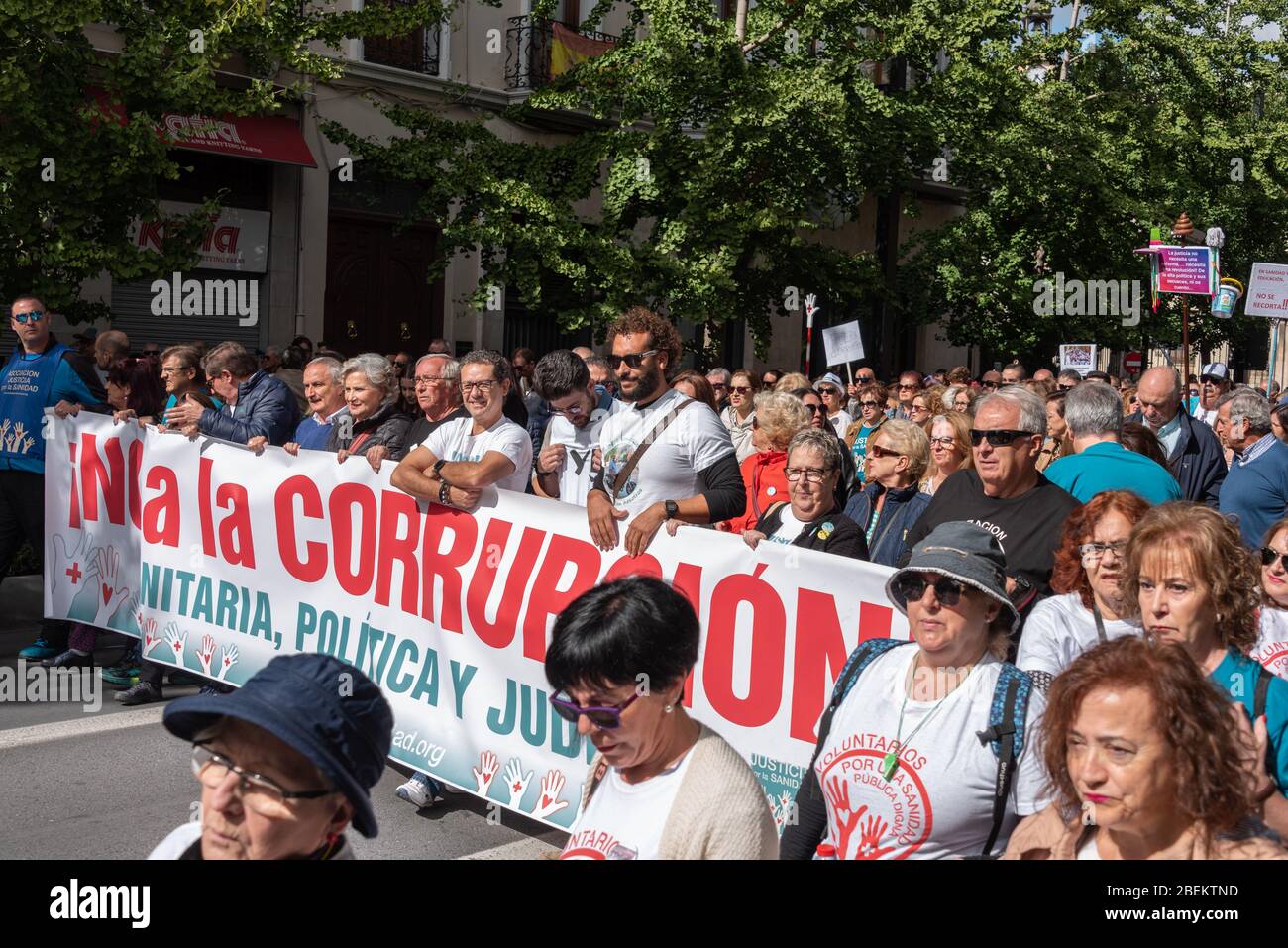 October 20, 2019 - Granada, Spain.  A protest against the corrupted Spanish healthcare system on the main street in Granada. Stock Photo