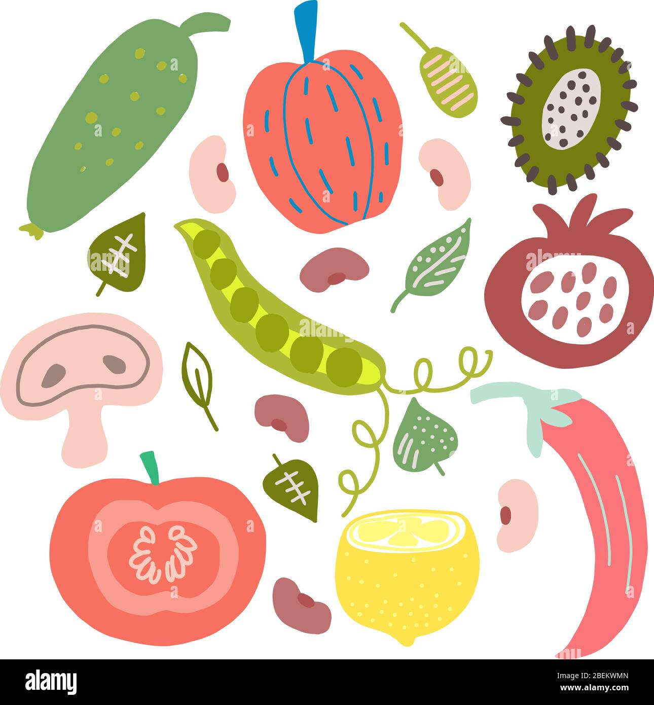 Set of vegetables and fruits in vector graphics, in cartoon style. For