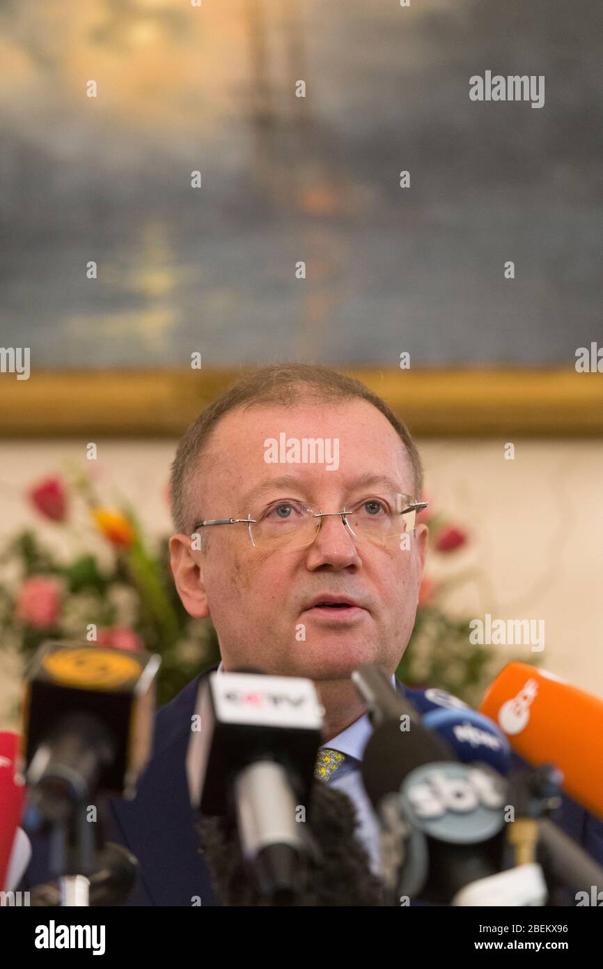 Russian Ambassador to United Kingdom, Alexander Vladimirovich Yakovenko holding a press conference where he spoke about the poisoning Sergei and Yulia Stock Photo