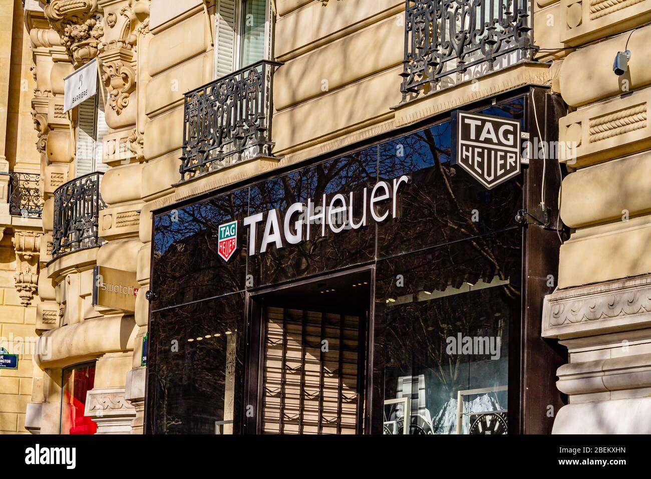 The front of the TAG Heuer luxury goods shop on the Champs-Élysées, Paris, France. February 2020. Stock Photo