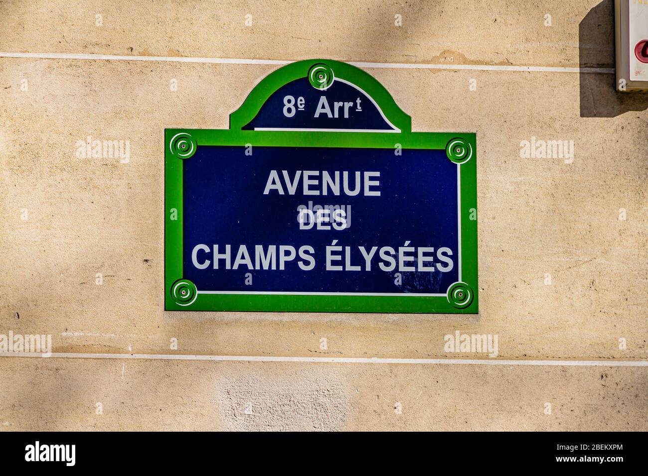 Street sign for the famous street the Avenue des Champs Élysées in the 8th arrondissement of Paris, France. February 2020. Stock Photo
