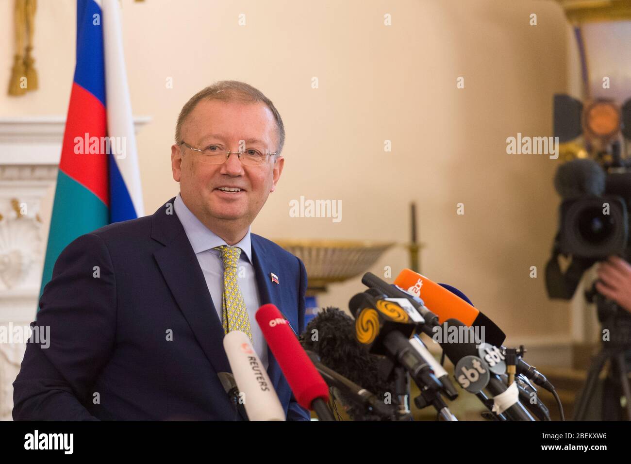 Russian Ambassador to United Kingdom, Alexander Vladimirovich Yakovenko holding a press conference where he spoke about the poisoning Sergei and Yulia Stock Photo