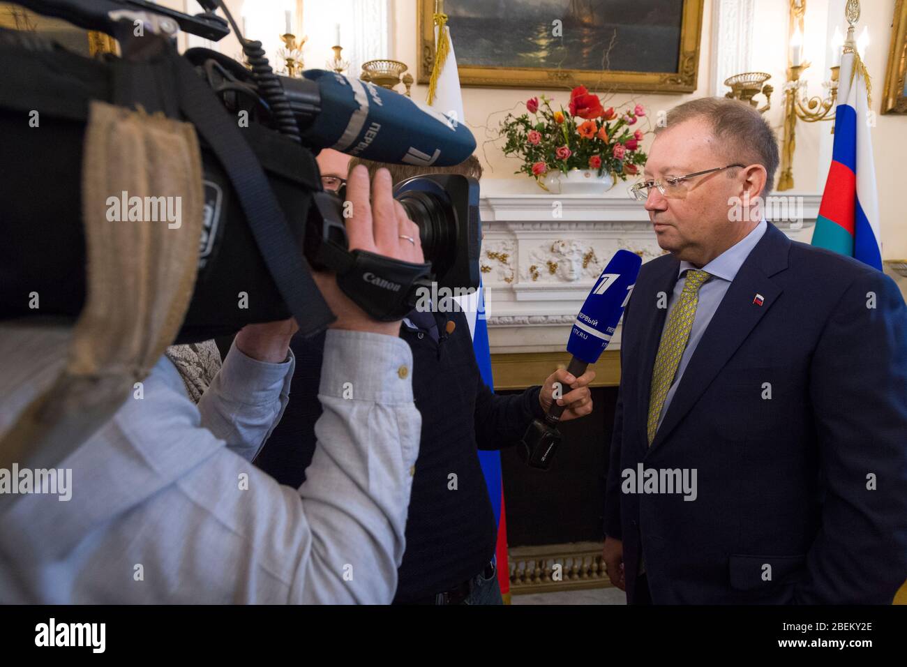 Russian Ambassador to United Kingdom, Alexander Vladimirovich Yakovenko holding a press conference where he spoke about the poisoning Sergei and Yulia Stock Photo