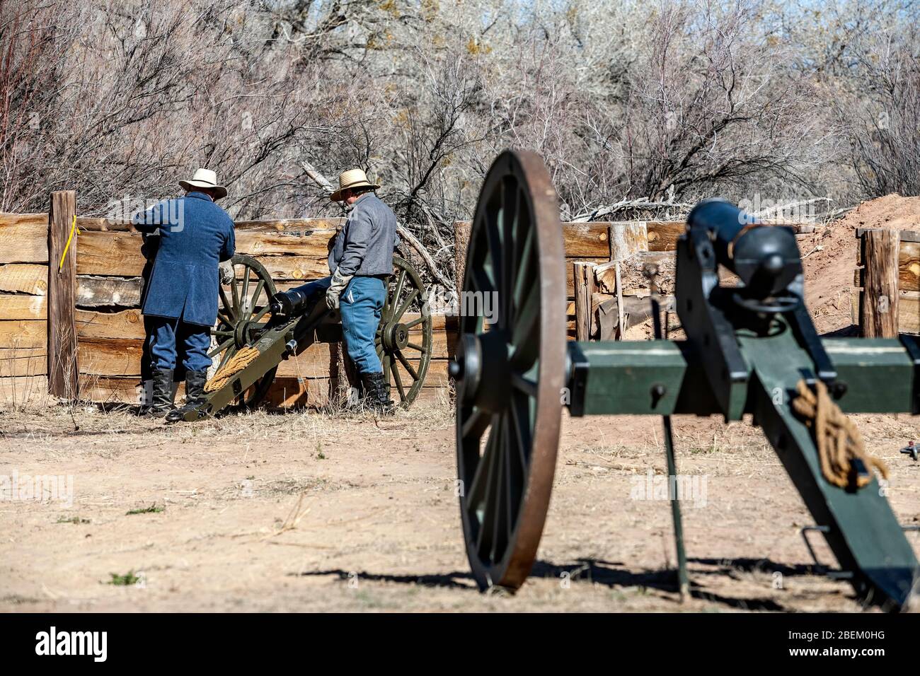 Confederate Army soldiers and cannon, Civil War reenactment, near Socorro, New Mexico USA Stock Photo