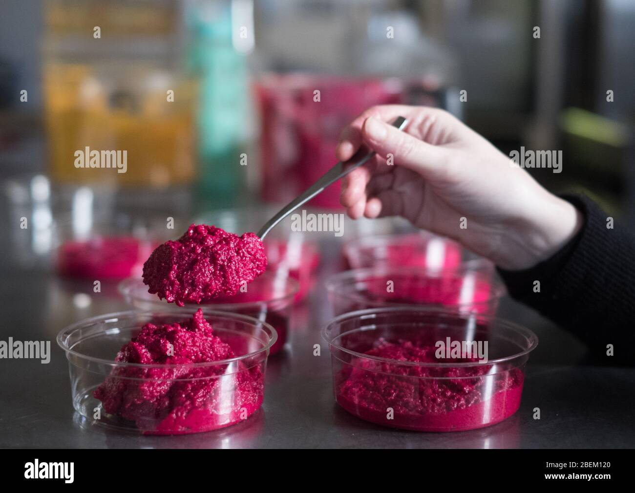 Flavoured houmous being made by Wasted Kitchen using leftover vegetables in Kent Stock Photo