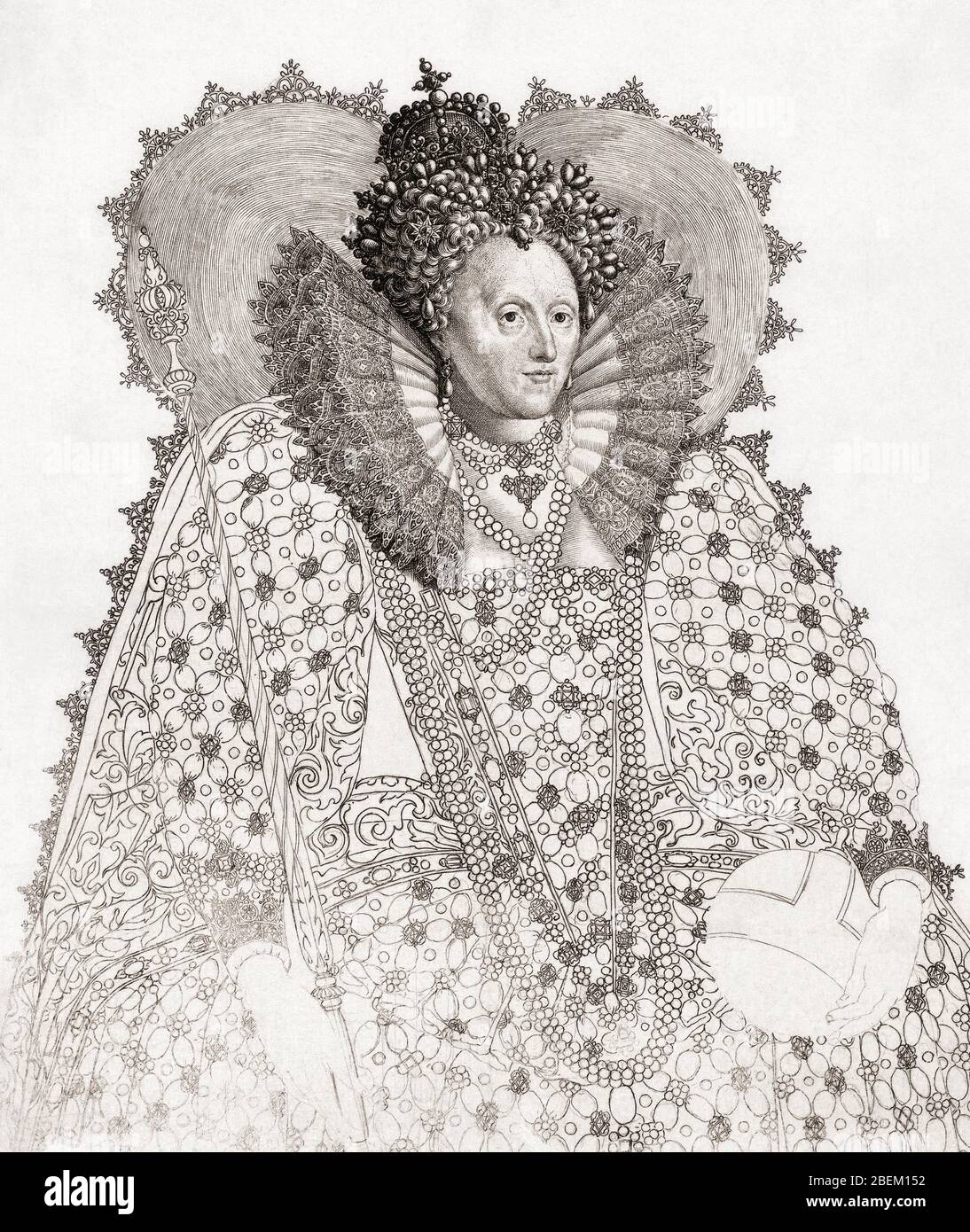 Elizabeth I, 1533 - 1603. Queen of England.  From a 17th century engraving by Crispijn van de Passe the Elder after a work by Isaac Oliver. Stock Photo