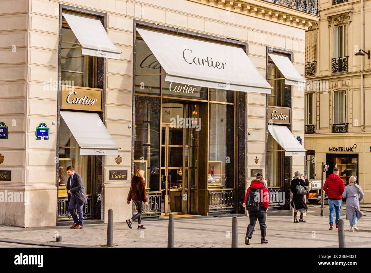 Luxury goods shop Cartier on the Champs Elysees, Paris, France. February 2020. Stock Photo