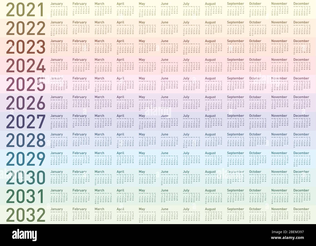 Calendar for Years 2021, 2022, 2023, 2024, 2025, 2026, 2027, 2028, 2029