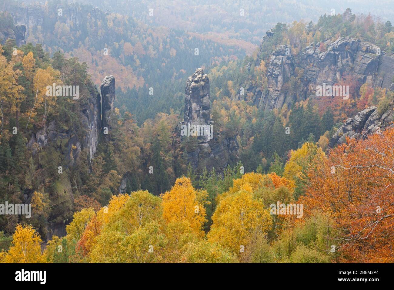 View from Carolafelsen to the Großer Dom / Grossen Dom, Elbe Sandstone Mountains, Saxonian Switzerland NP, Saxony, Germany Stock Photo