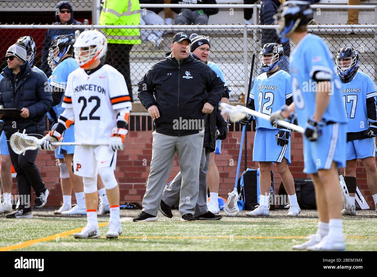 Princeton, New Jersey, USA. 29th Feb, 2020. Johns Hopkins Blue Jays head coach Dave Pietramala looks on during an NCAA MenÕs lacrosse game against the Princeton Tigers at Class of 1952 Stadium on February, 29, 2020 in Princeton, New Jersey. Princeton defeated Johns Hopkins 18-11. Rich Barnes/CSM/Alamy Live News Stock Photo