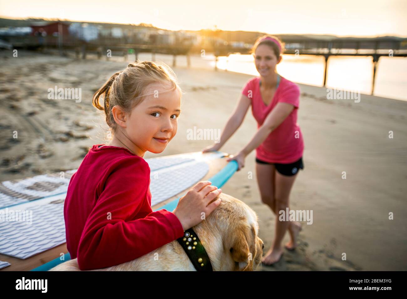 Portrait of a young girl at the beach with her mother and dog Stock Photo