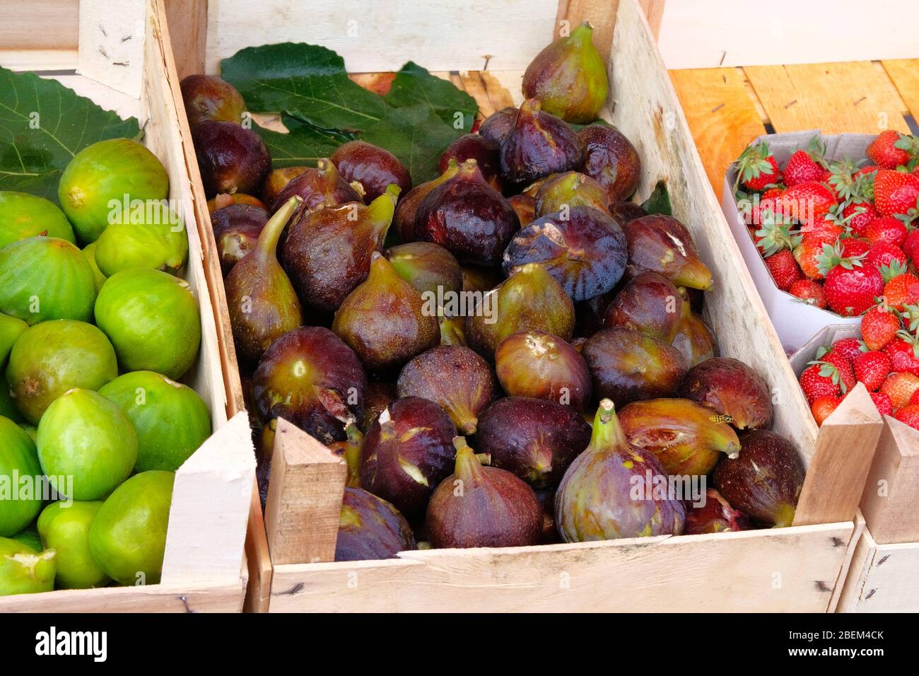 Different sorts of figs and strawberry from farmers market. Healthy local food summer market. Stock Photo