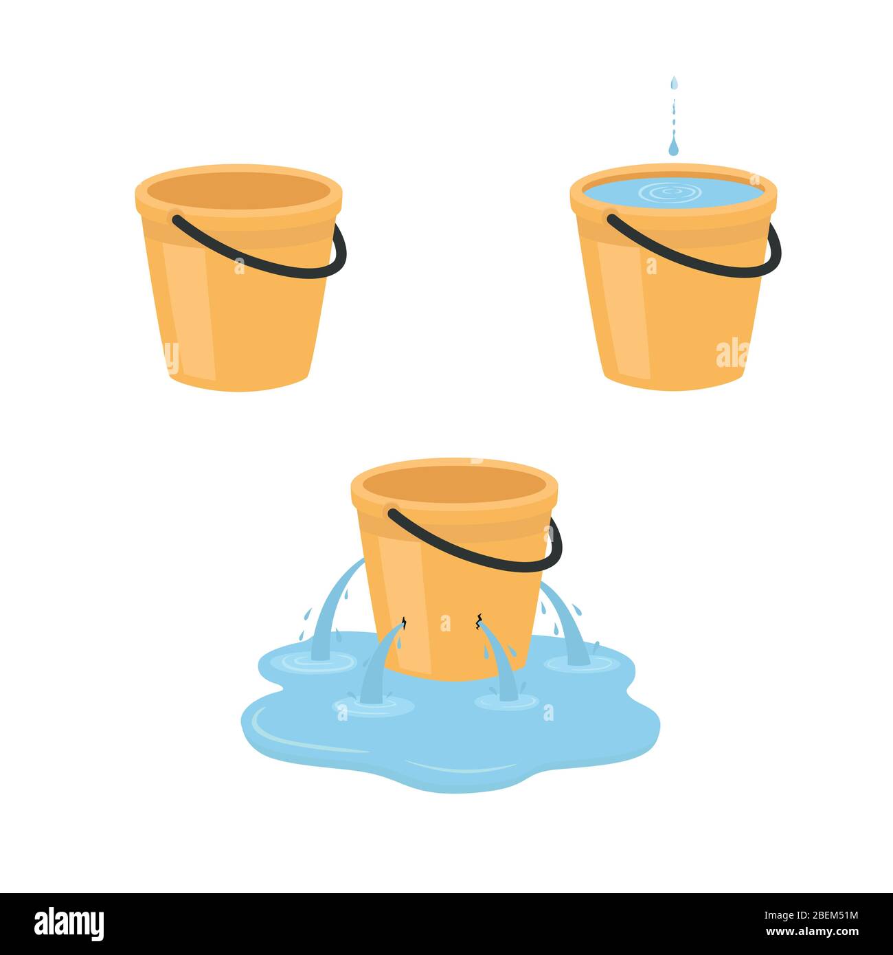 Empty, full, leaking bucket. Vector illustration isolated on white background. Stock Vector