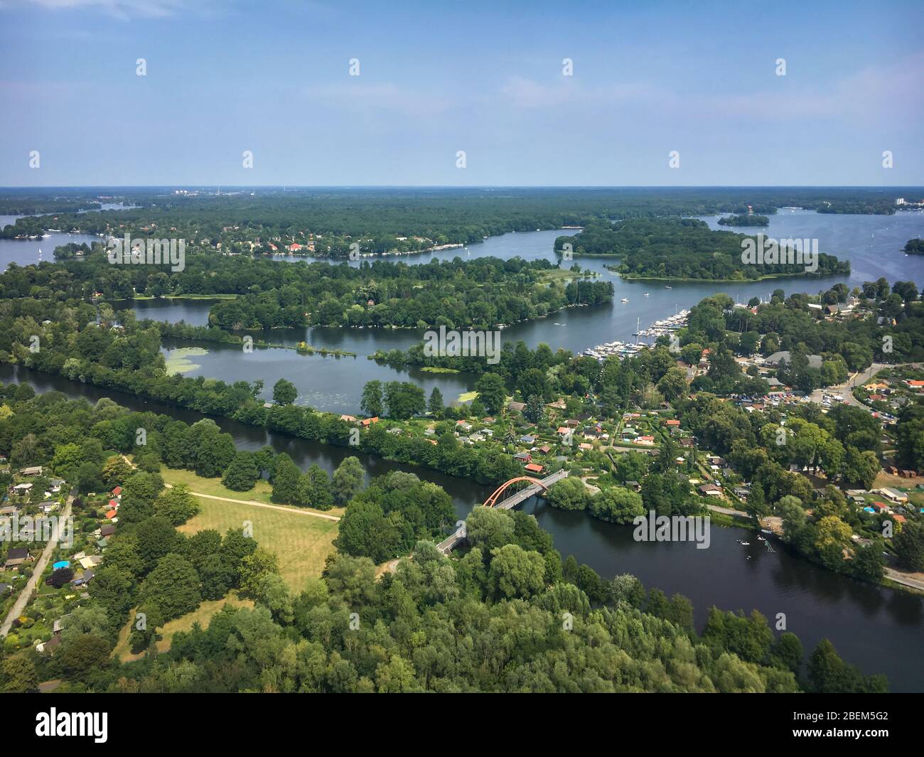 Aerial of Berlin wirth districts of Spandau and Reinickendorf and with Lake Tegel (Tegeler See) on a sunny summer day Stock Photo