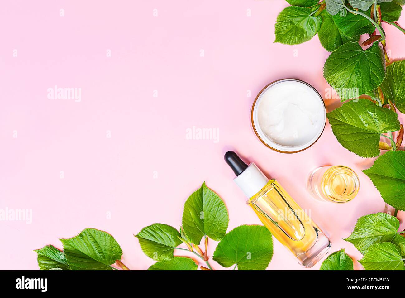 Skin care products, natural cosmetic. Flat lay image on pink background. Natural cosmetic skincare bottle, serum and organic green leaf. Homemade and beauty product concept. Stock Photo