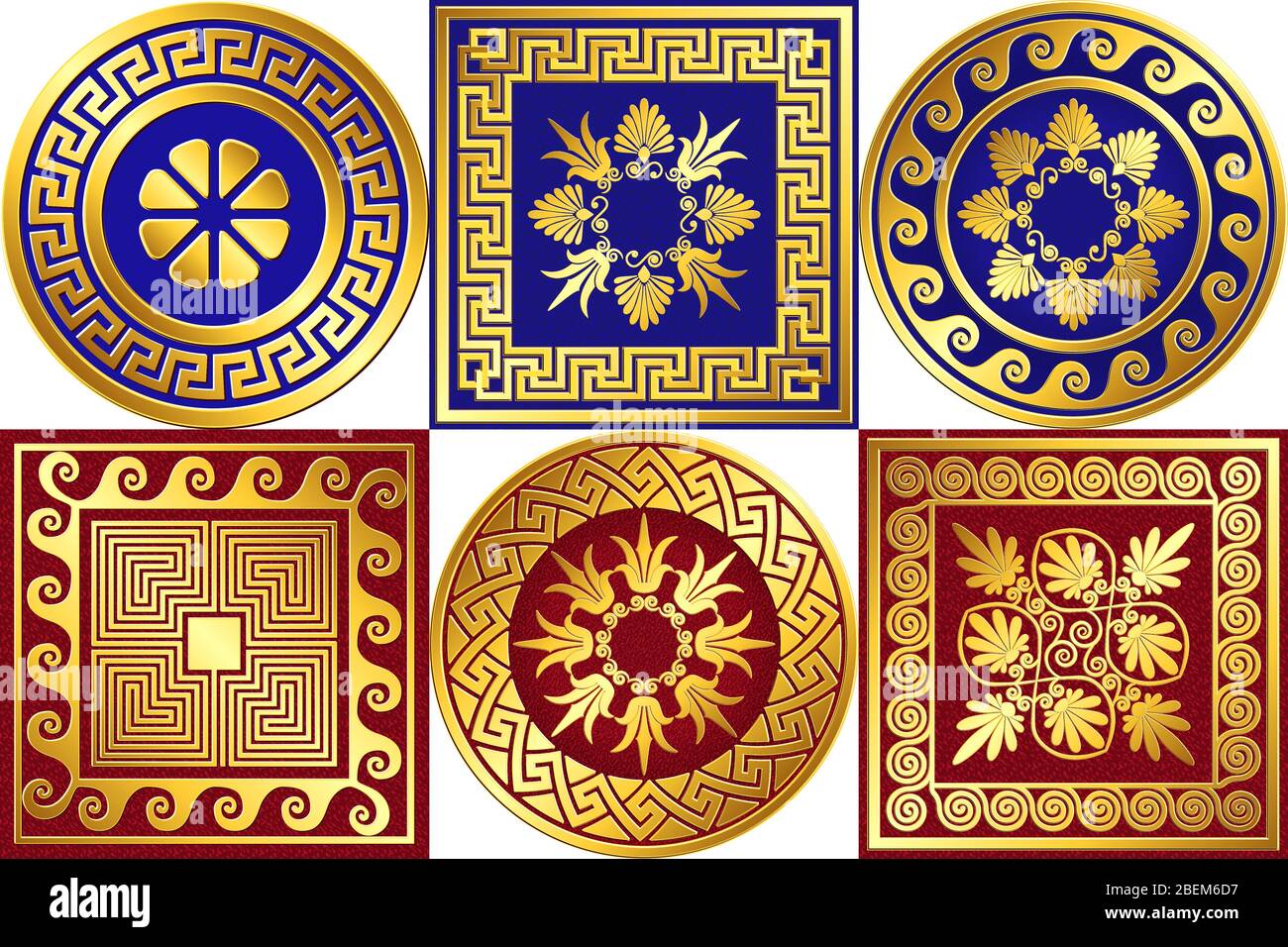 Set of Traditional vintage Golden square and round Greek ornament, Meander and floral pattern on red and blue background. Stock Vector