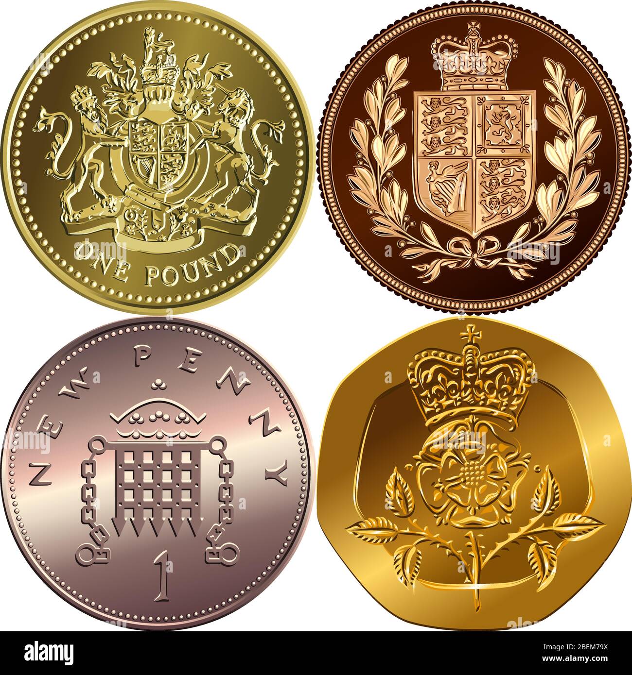 British money coins: gold one pound sterling, sovereign with coat of arms, bronze new one penny with portcullis, twenty pences with Crowned Rosa Tudor Stock Vector