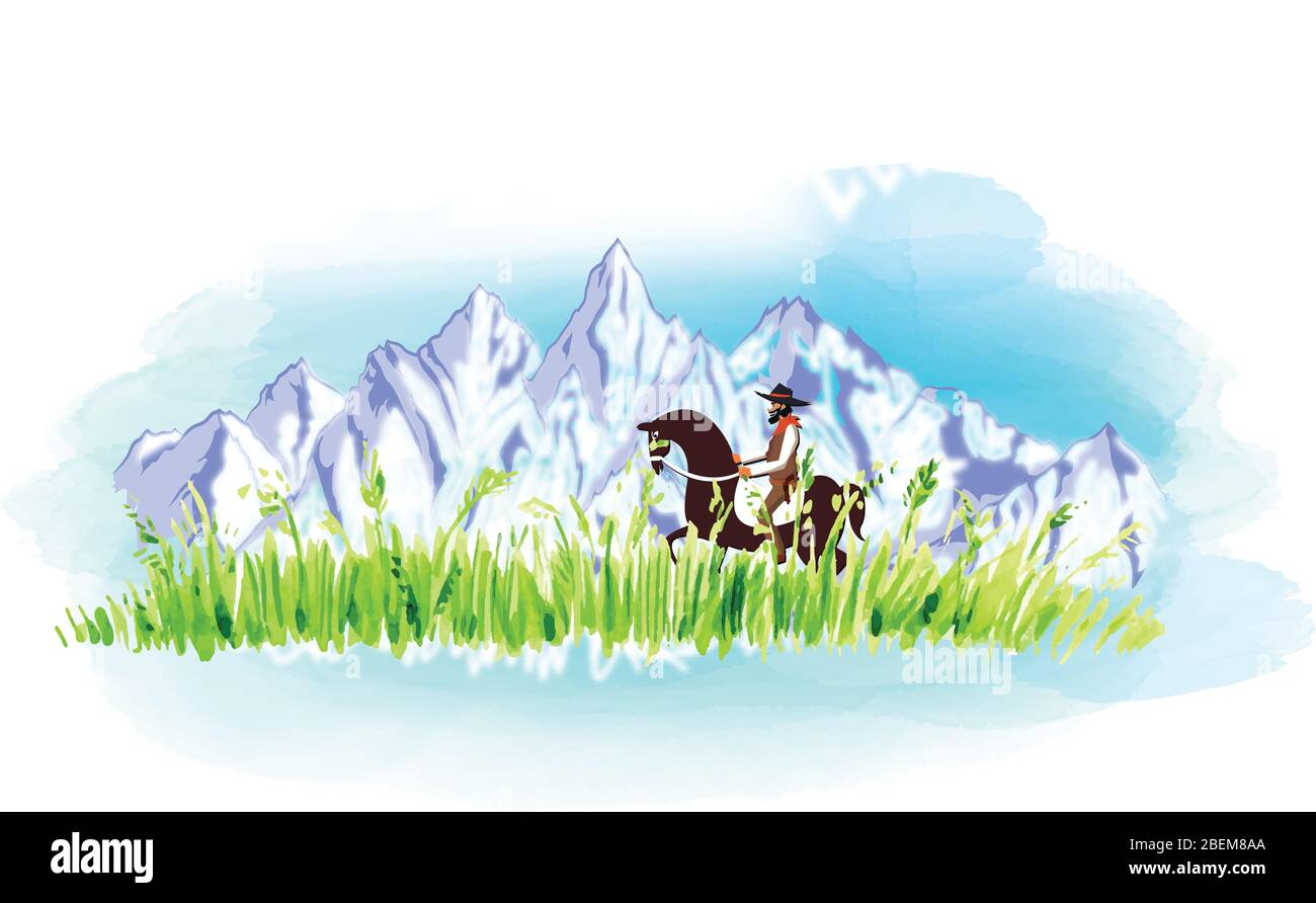 watercolor illustration of a man ridding on horse on grassy ground and mountains covered with snow Stock Vector