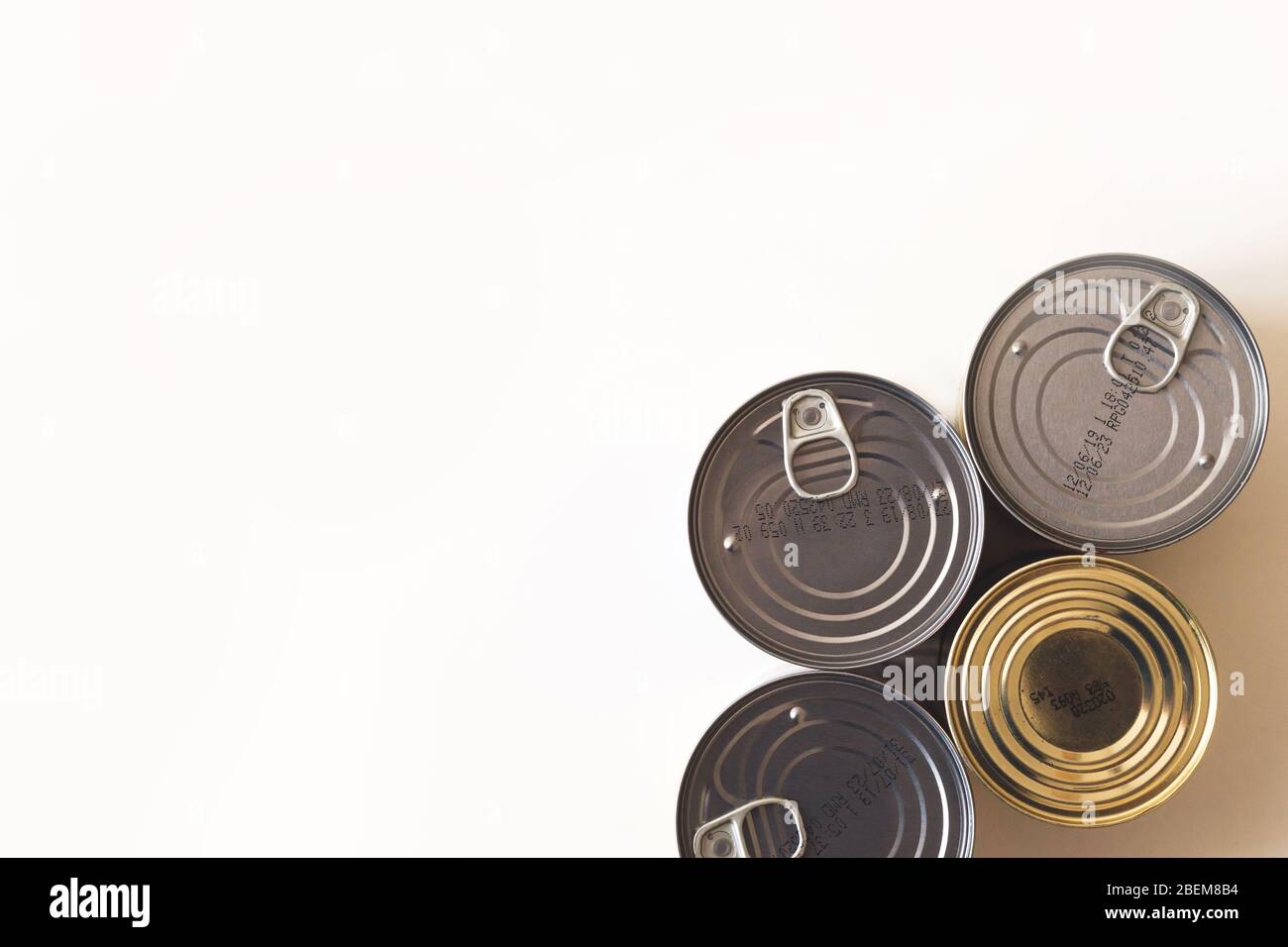 Tin, canned food isolated on white. Stock and proviant concept. Long