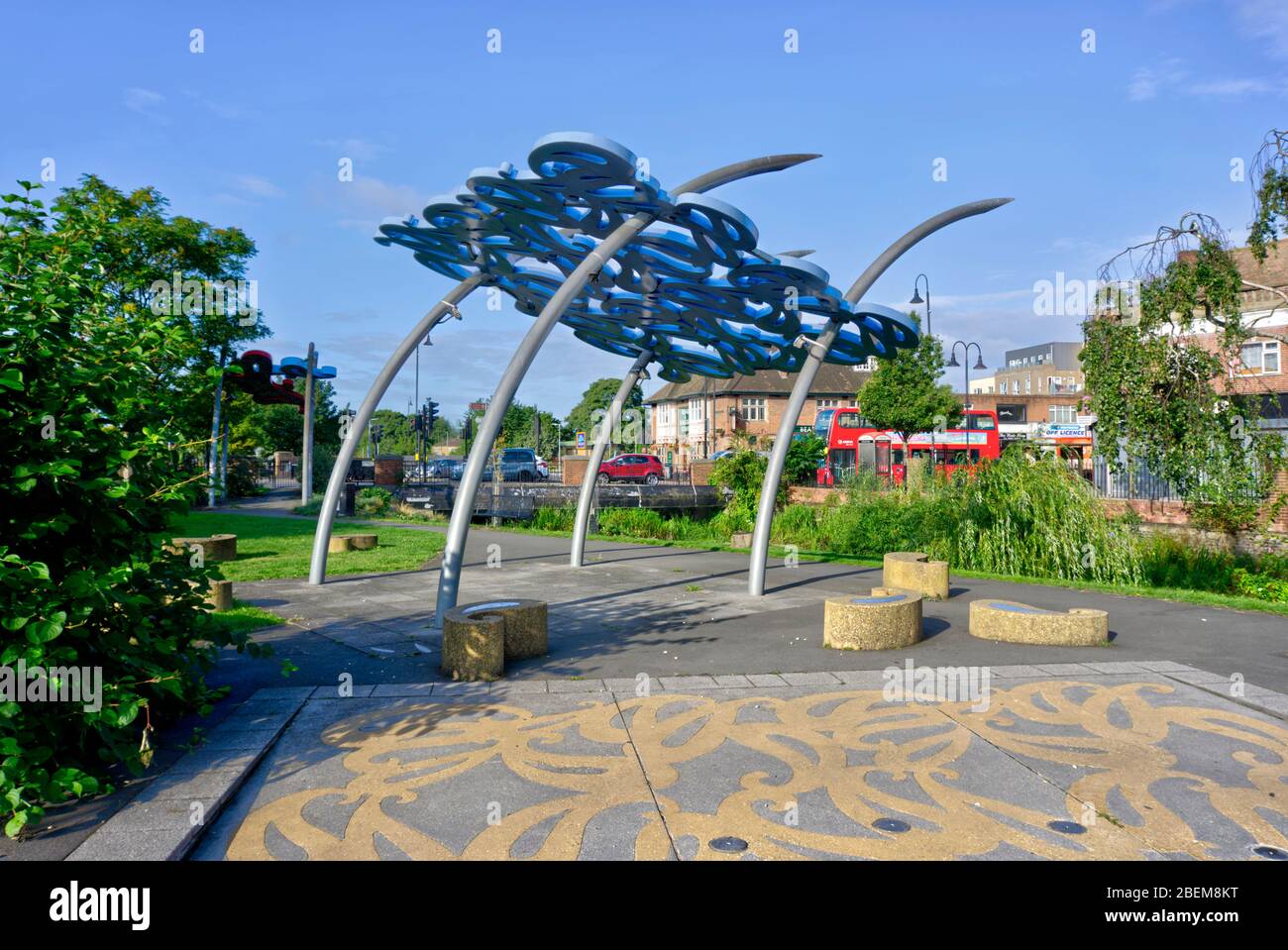 Crayford, Kent, United Kingdom - August 19, 2019: David Evans Pavilion and Water Feature Waterside Gardens artwork referring to historic local industr Stock Photo