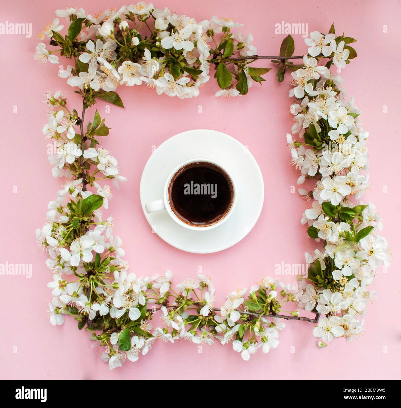 Frame of white spring flowers on a pink background, white cup of coffee. The beginning of spring. Romantic mood. flat lay Stock Photo